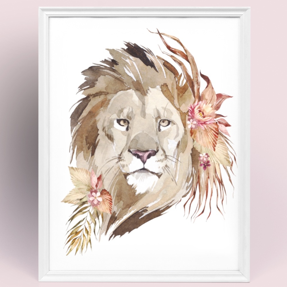 Watercolor Floral Savannah Lion Wall Art Poster Print Unframed - Picture 10 of 15